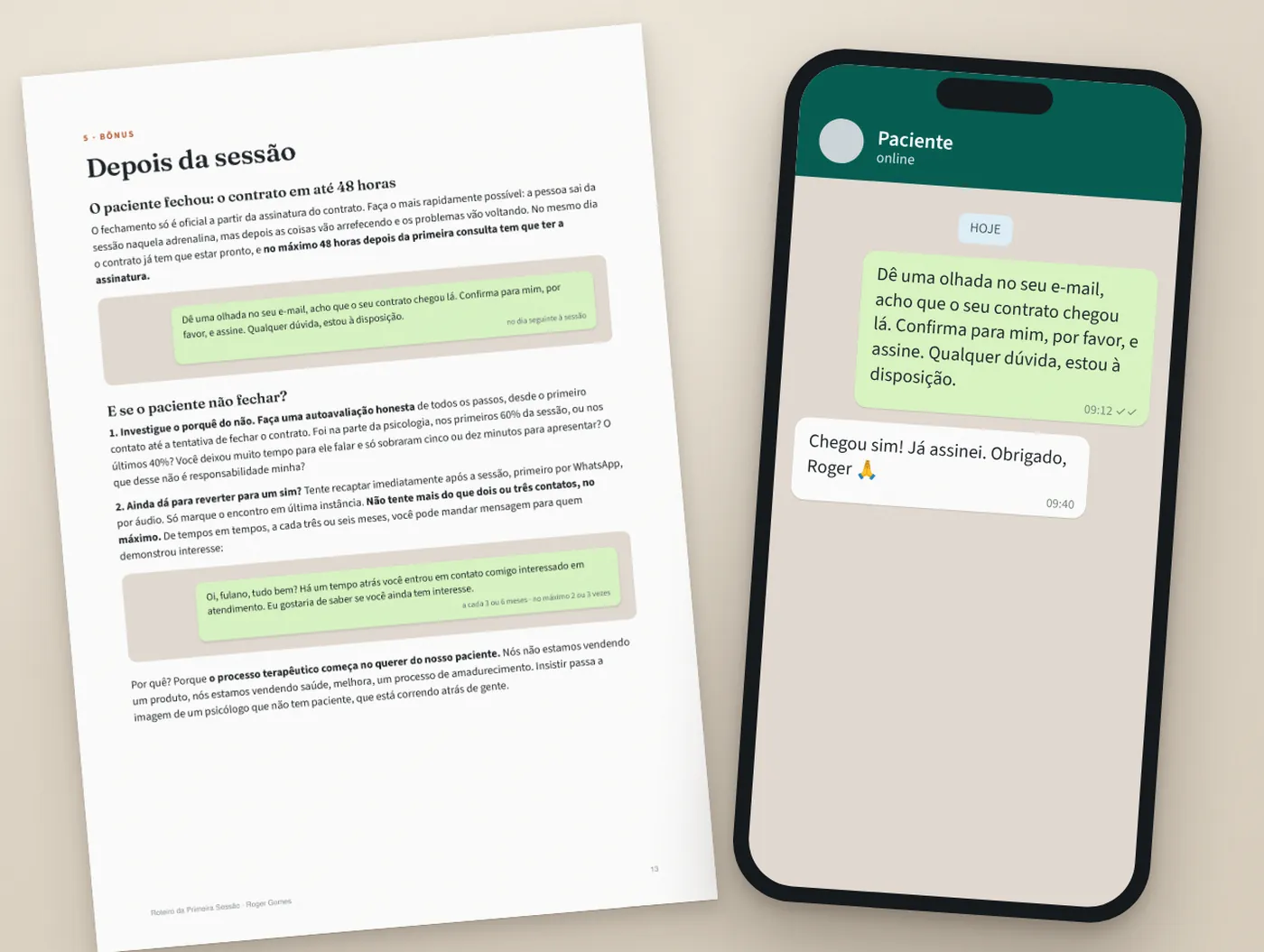 A página Depois da sessão e a mensagem do contrato no WhatsApp