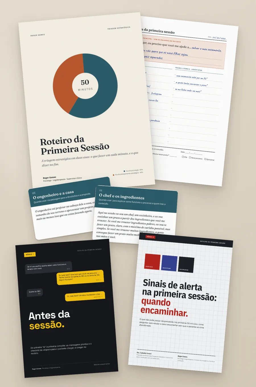 Tudo o que vem no Roteiro da Primeira Sessão: o PDF, a ficha, os cartões de analogia e os dois bônus